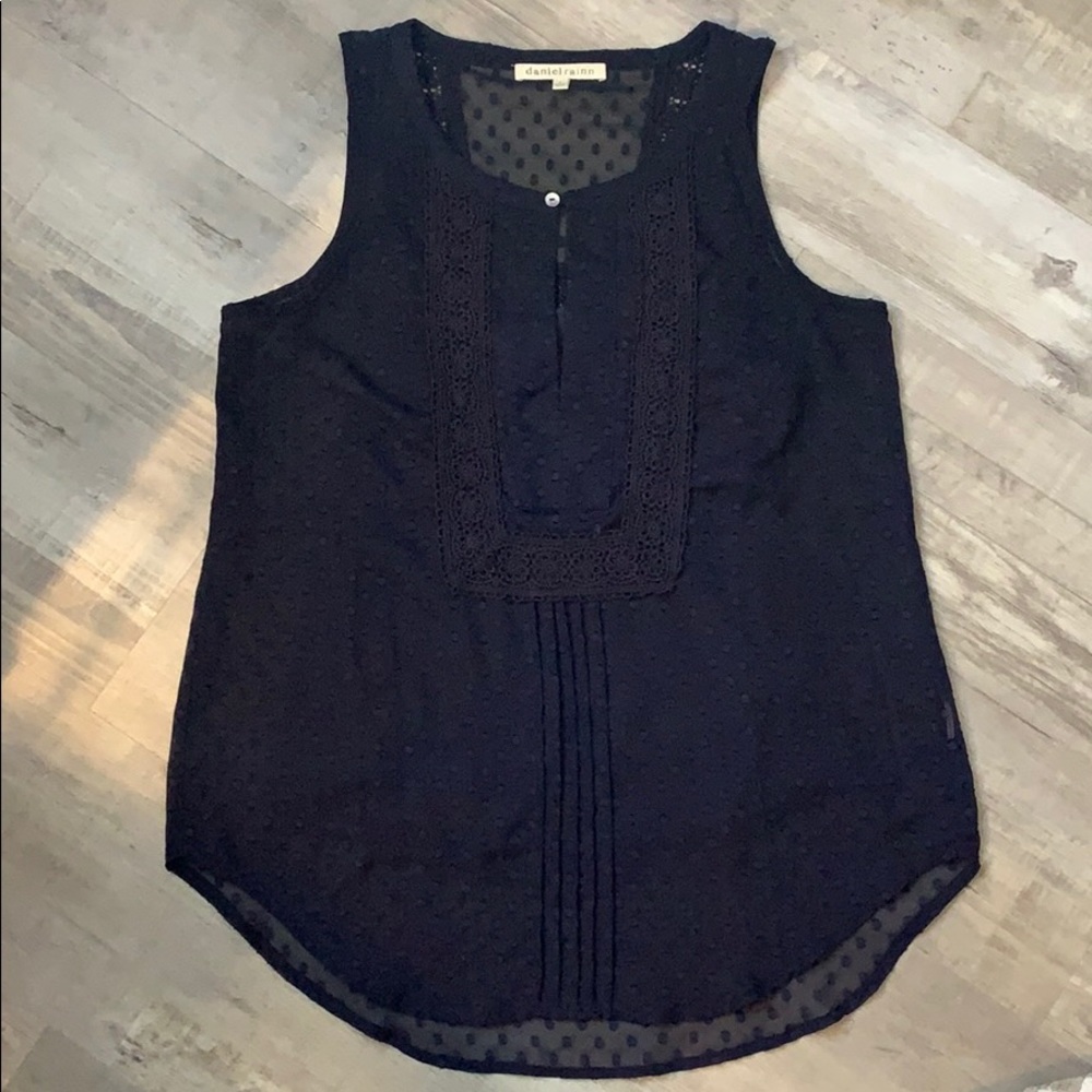 Navy Blue, Textured, Lace, Sleeveless Blouse